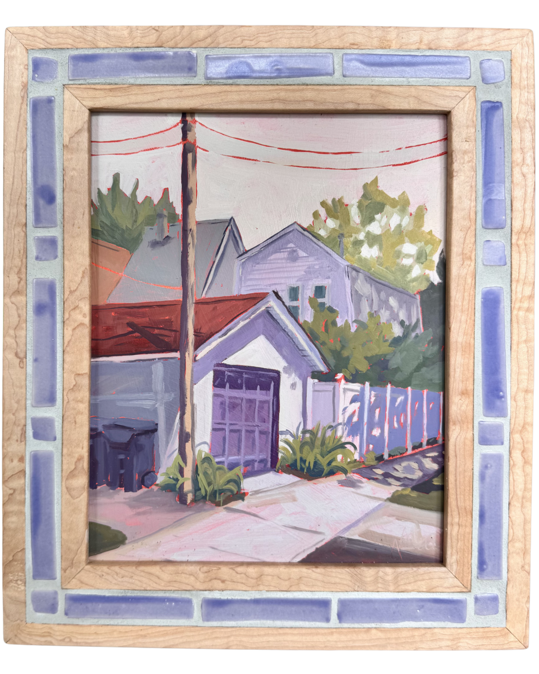 "Purple Garage" ✦  Original Plein Air Oil Painting in Handmade Maple Frame