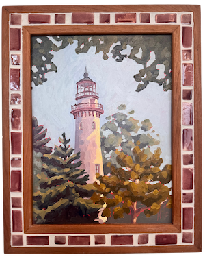 "Grosse Point Lighthouse" ✦  Original Plein Air Oil Painting in Handmade Cherry Frame