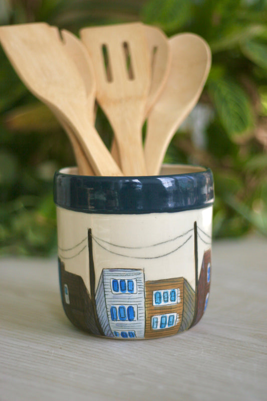 Alley Utensil Crock Blue Rim