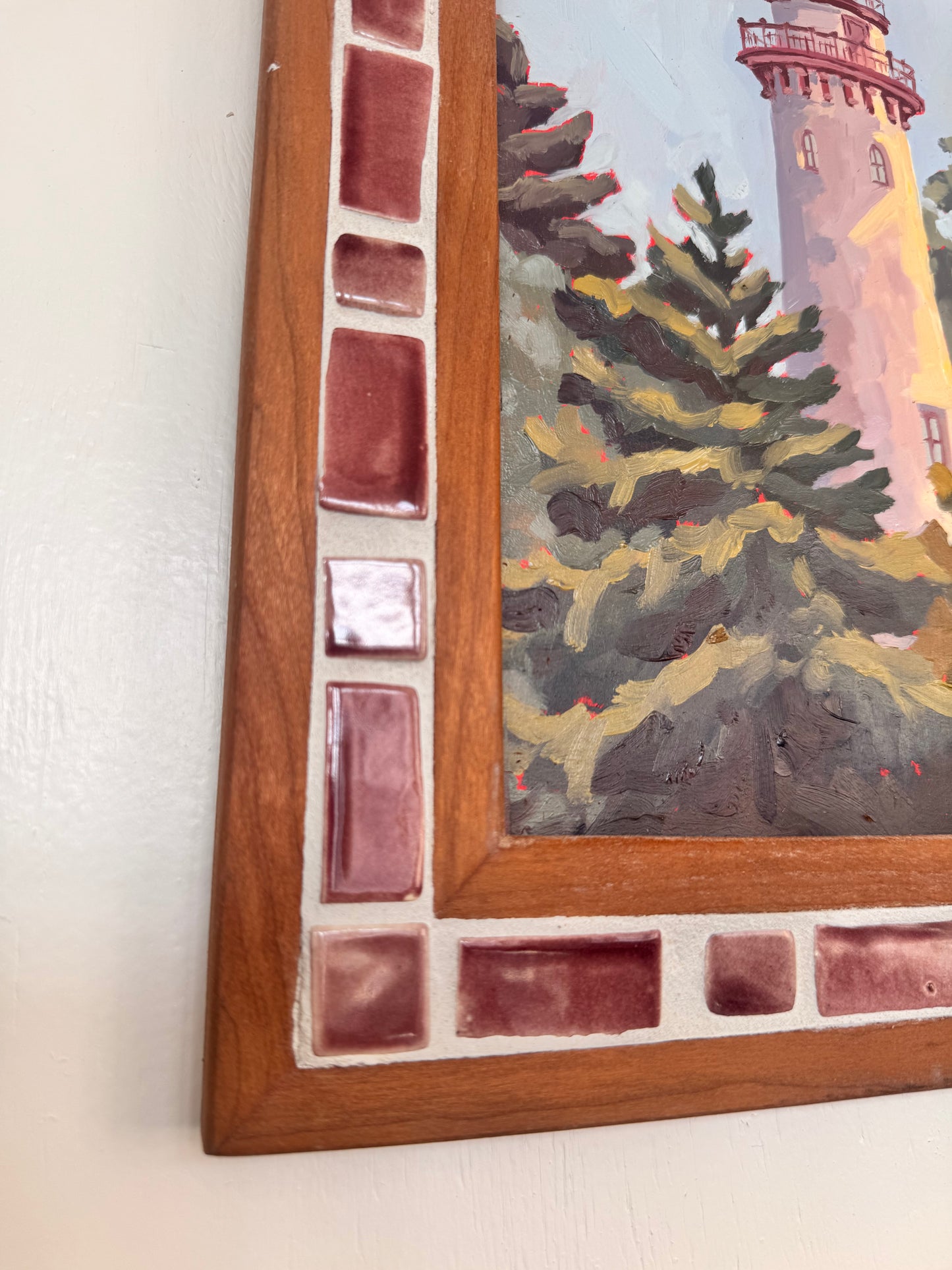 "Grosse Point Lighthouse" ✦  Original Plein Air Oil Painting in Handmade Cherry Frame