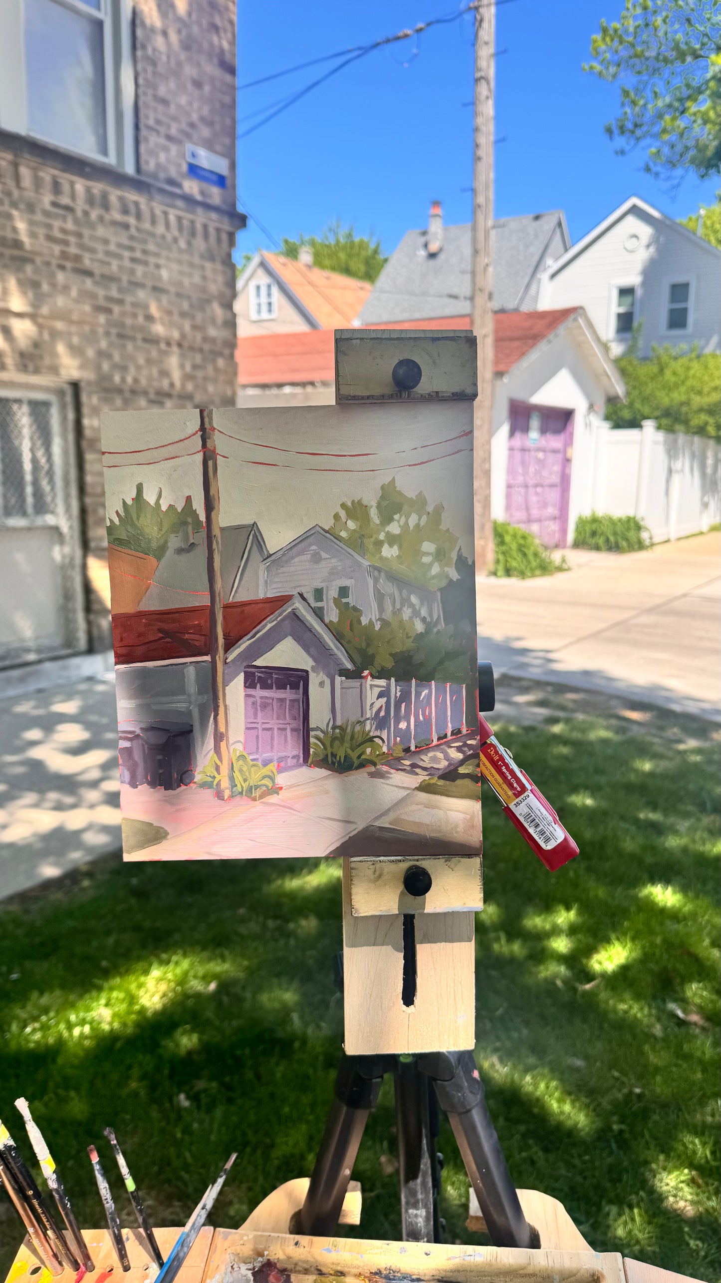 "Purple Garage" ✦  Original Plein Air Oil Painting in Handmade Maple Frame