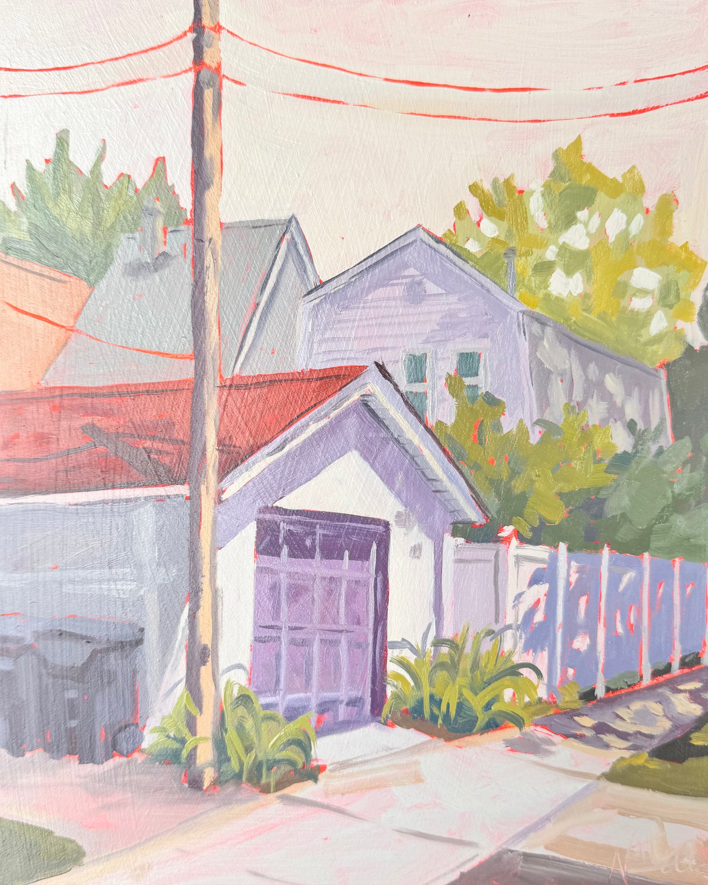 "Purple Garage" ✦  Original Plein Air Oil Painting in Handmade Maple Frame